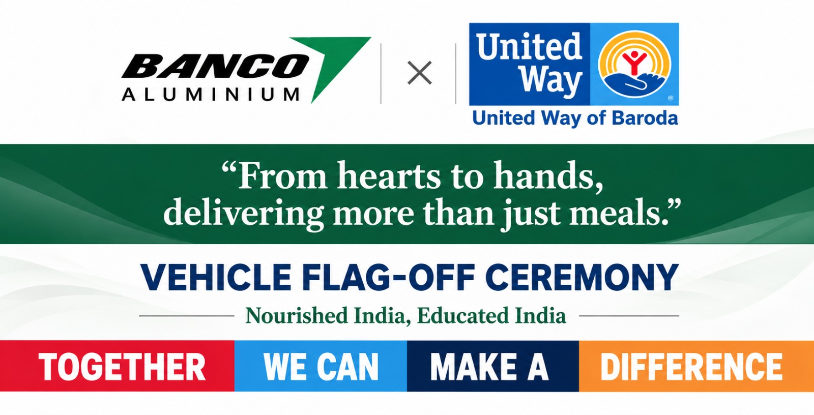 Banco Aluminium × United Way of Baroda Vehicle Flag-Off Ceremony banner — Akshay Patra van donation