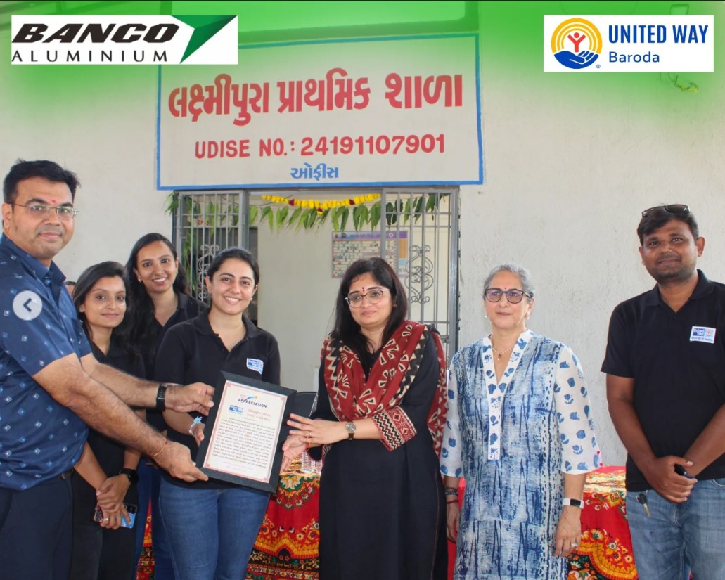 Banco Aluminium and United Way Baroda team at the Green Model School Initiative inauguration, Laxmipura Primary School, Padra