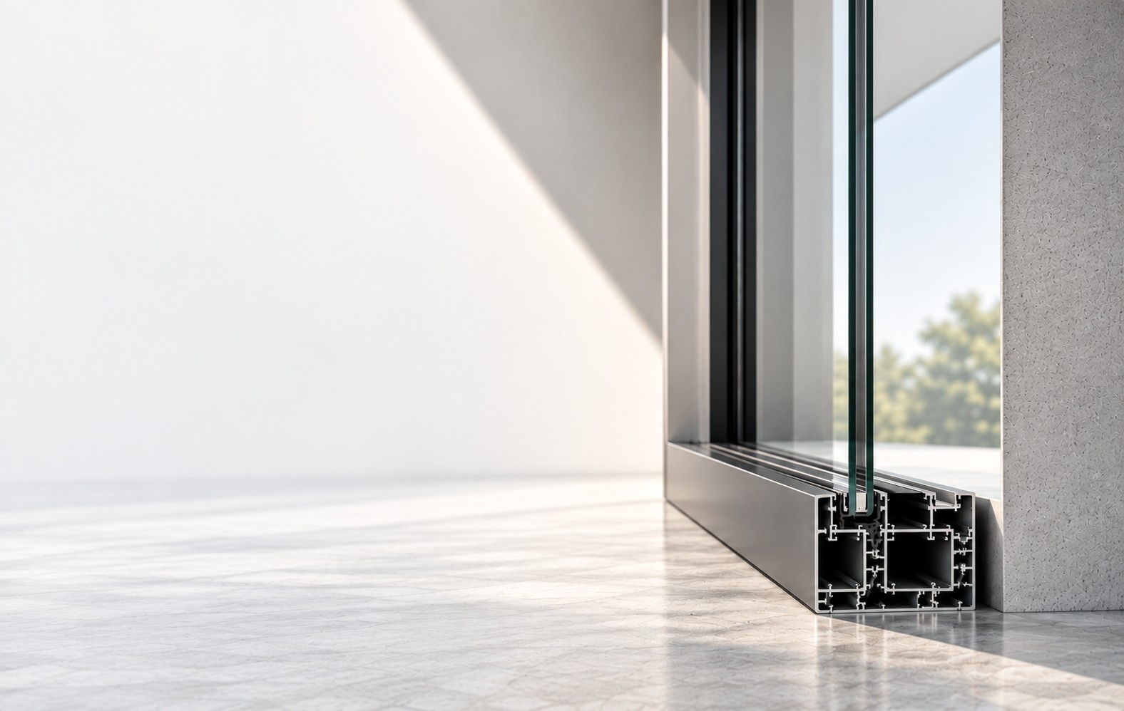 Cut-away of a Banco sliding window frame showing the multi-chamber aluminium profile