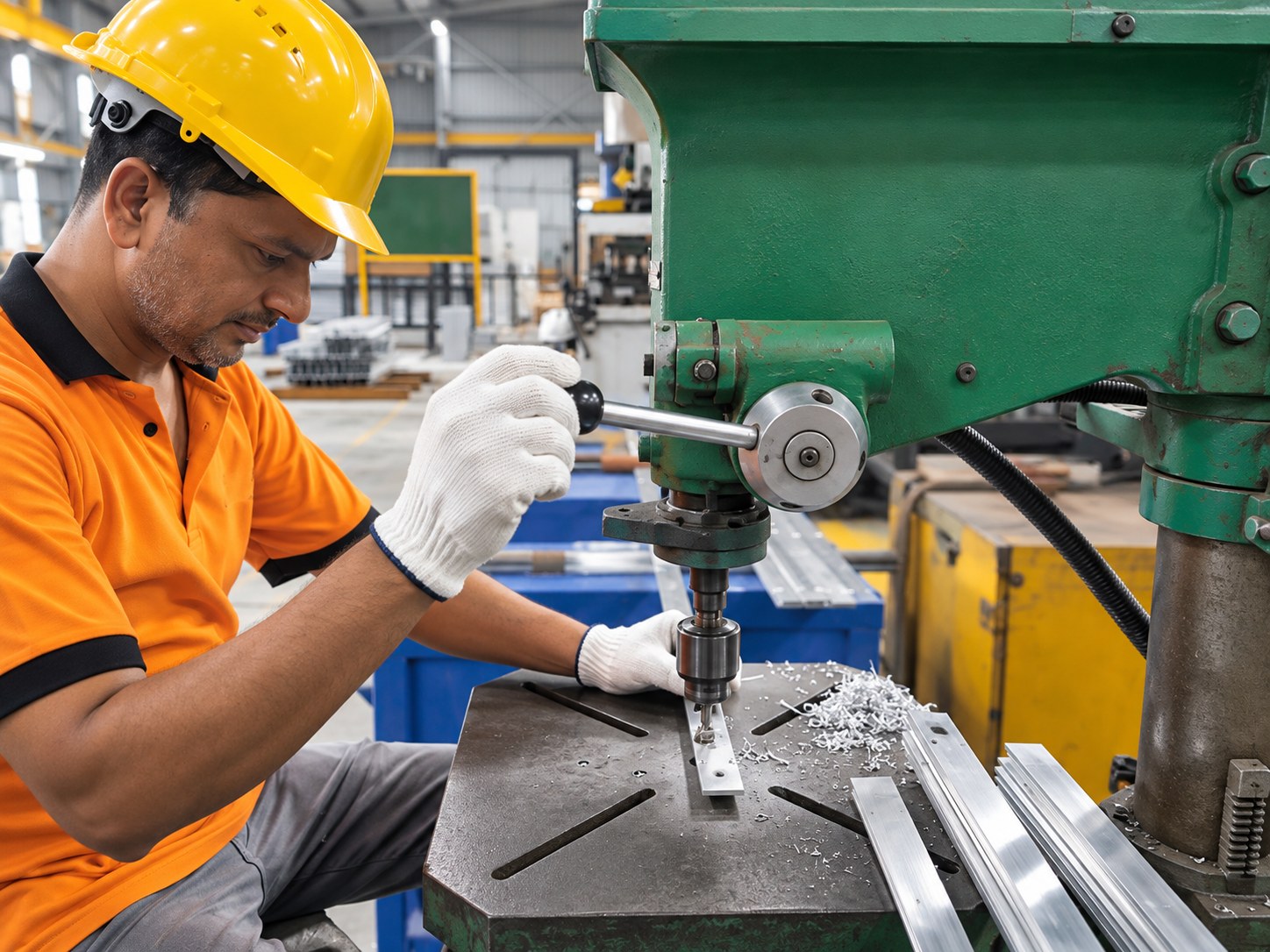 Operator chamfering a cold drawn aluminium profile