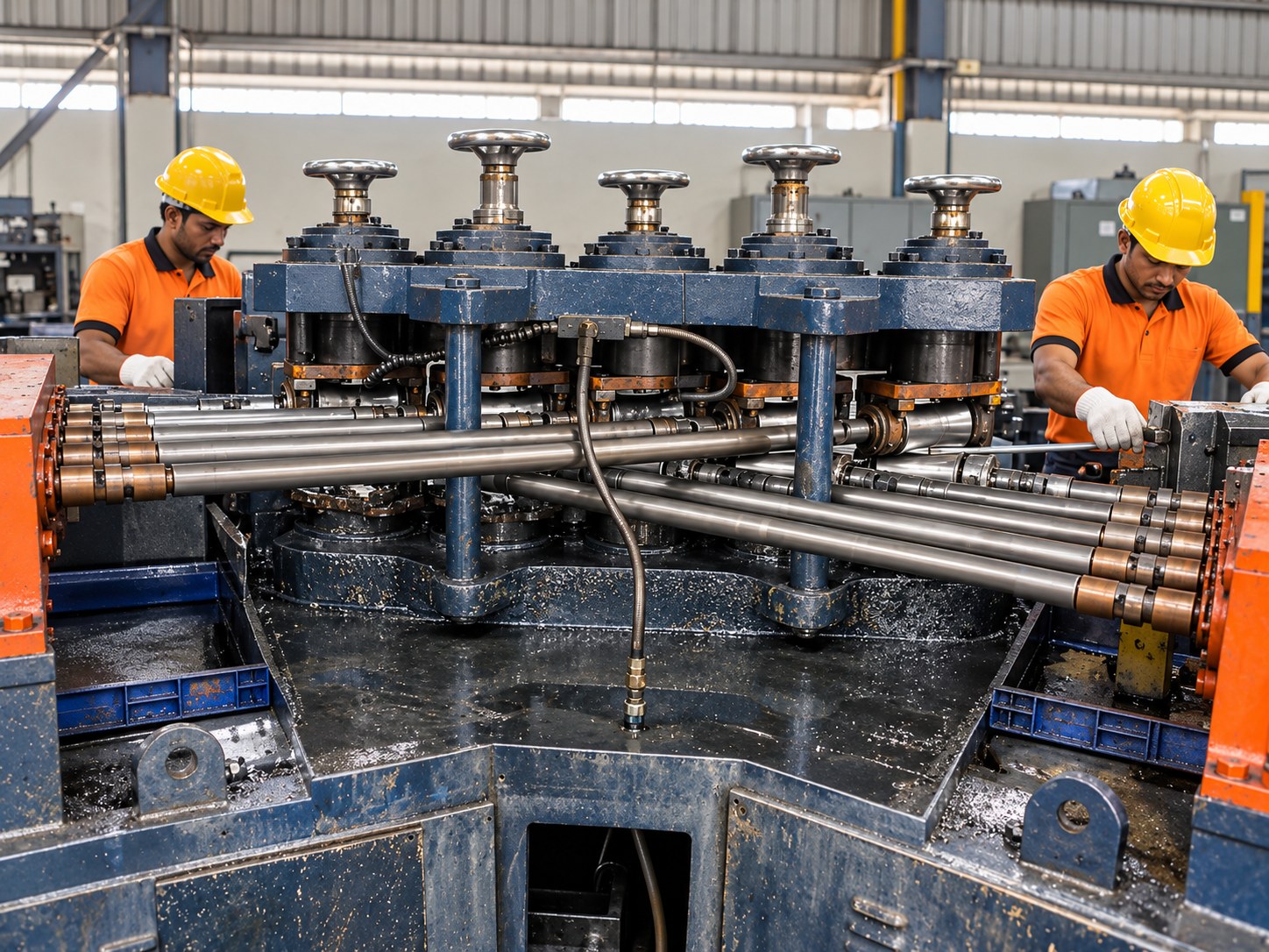 Operators feeding rod through a multi-roll straightening machine
