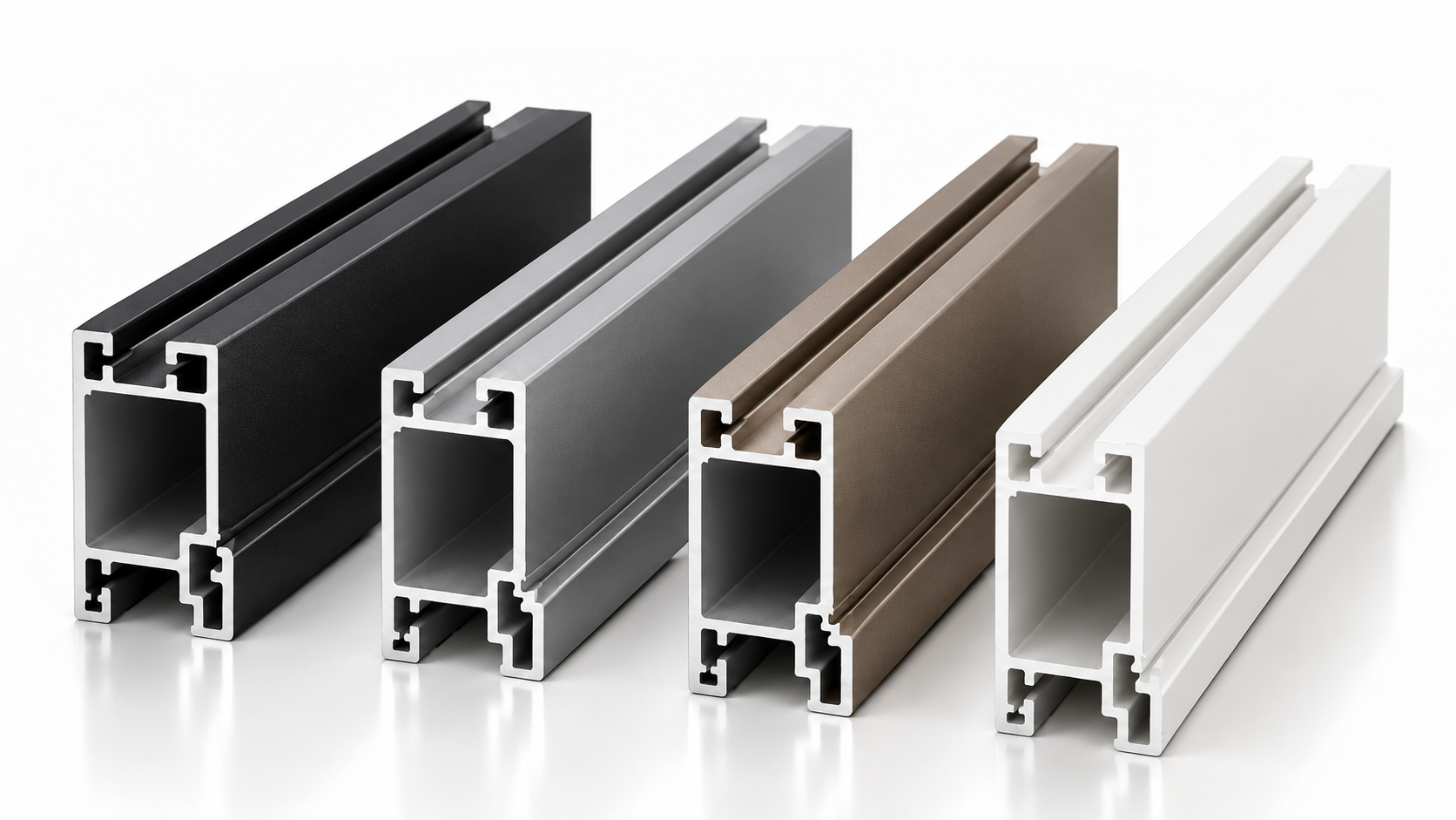 Powder-coated aluminium profiles — black, grey, champagne and white
