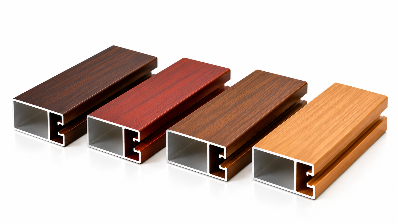 Wood-effect sublimation finish on aluminium profiles — four wood grain colours