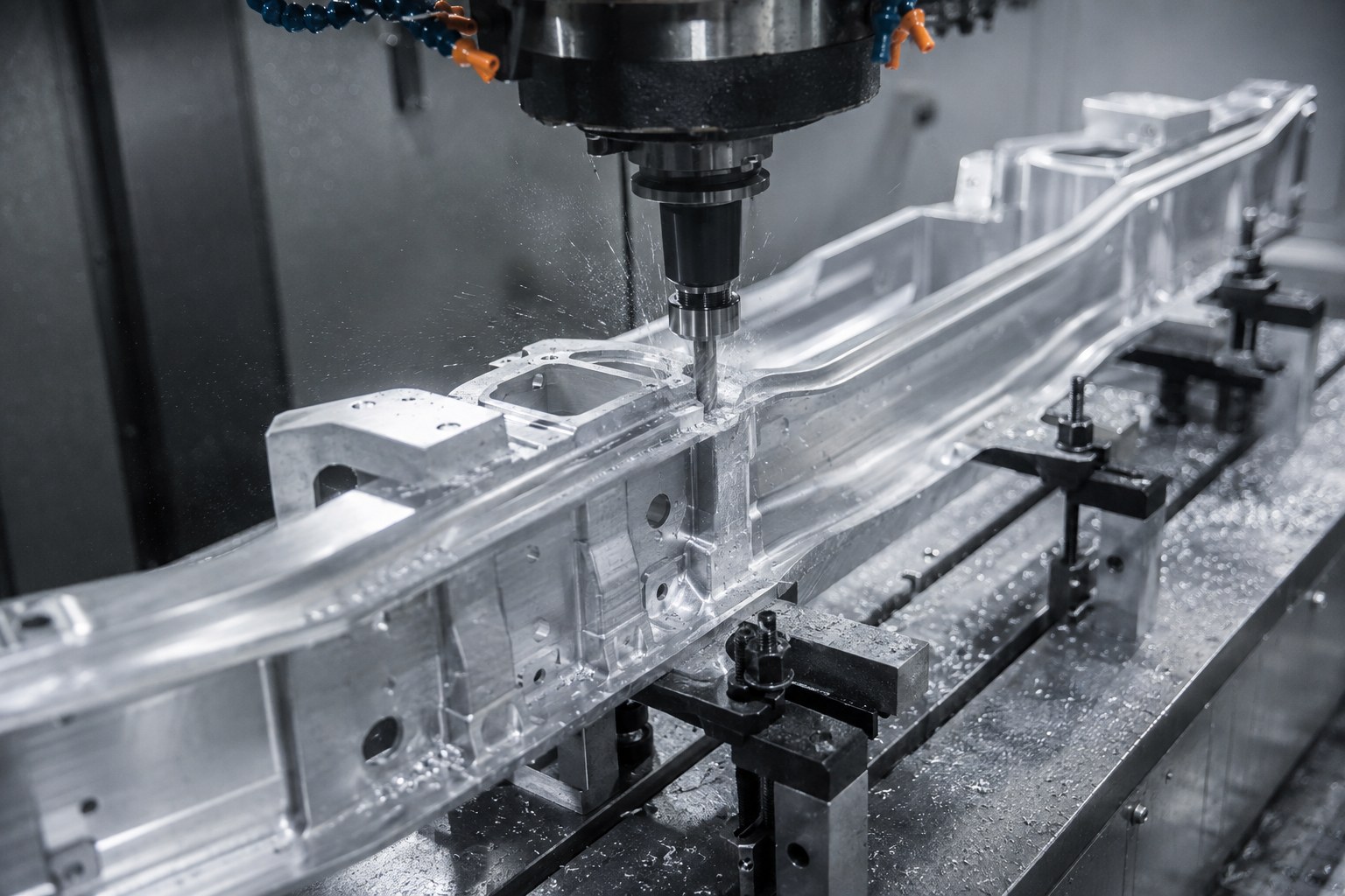 CNC machining of a precision aluminium automotive structural rail