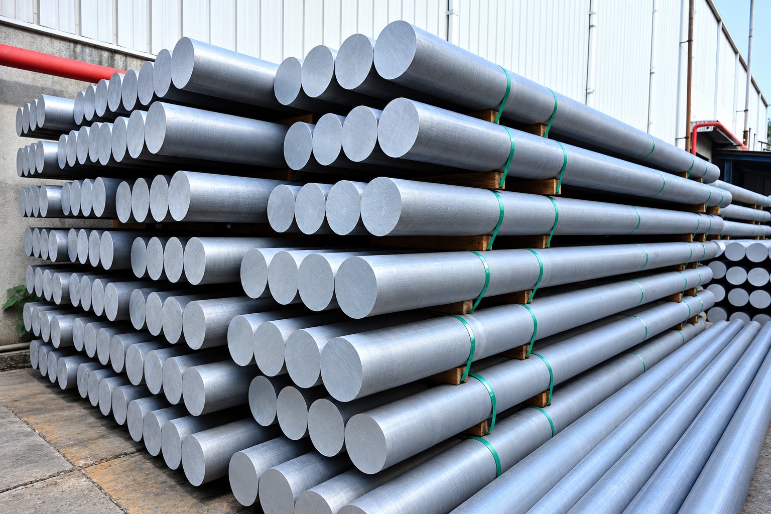 Stacked finished aluminium extrusion billets from Banco Aluminium, Vadodara