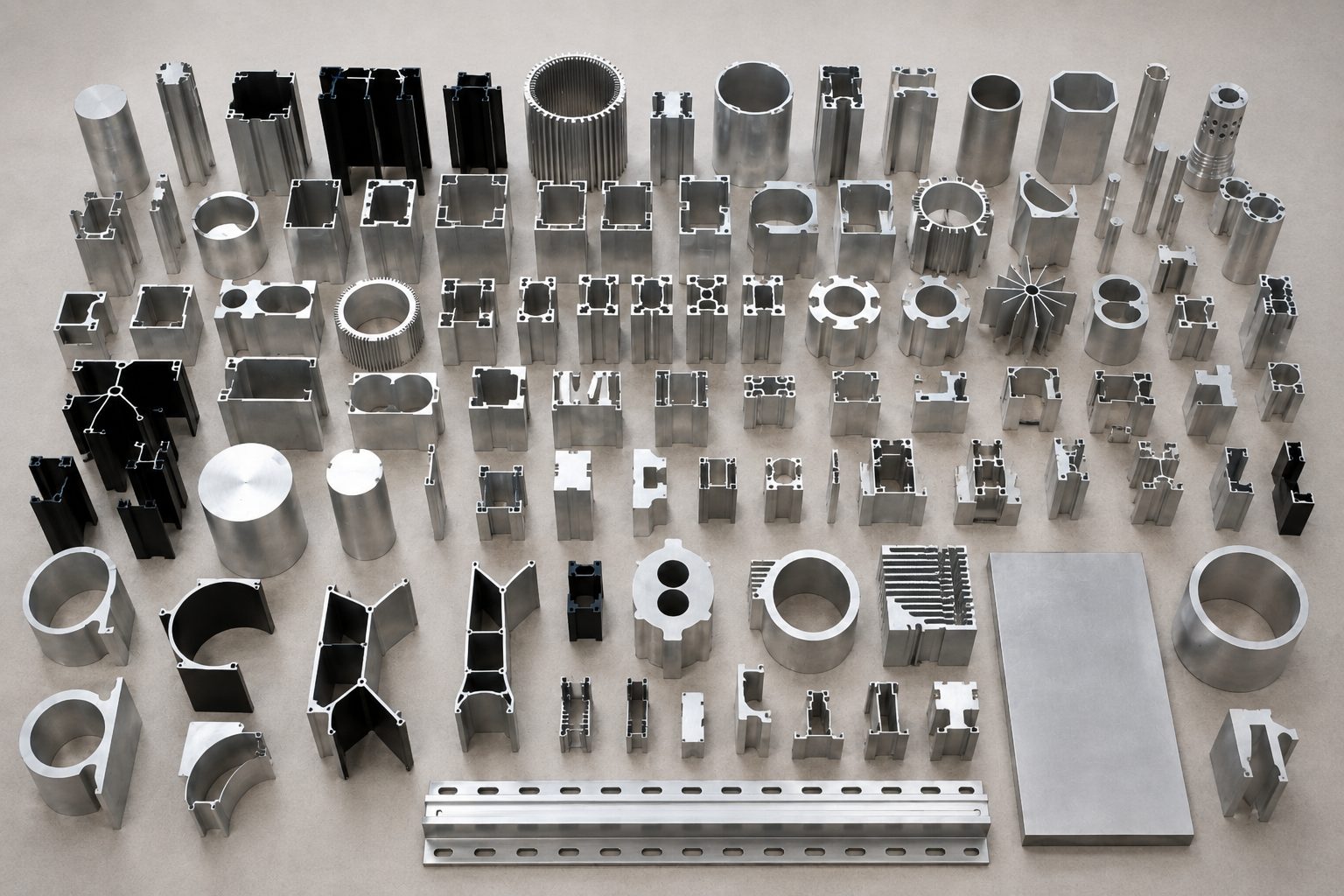 Range of Banco Aluminium extruded profiles, from solid sections to multi-hollow and heat-sink profiles