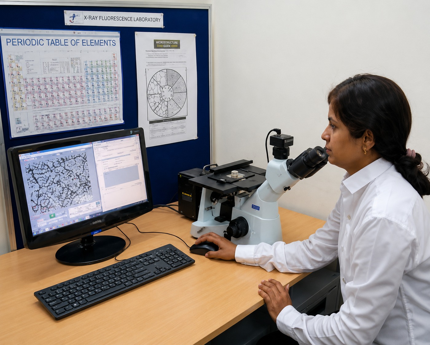 Metallurgist checking microstructure on an optical microscope