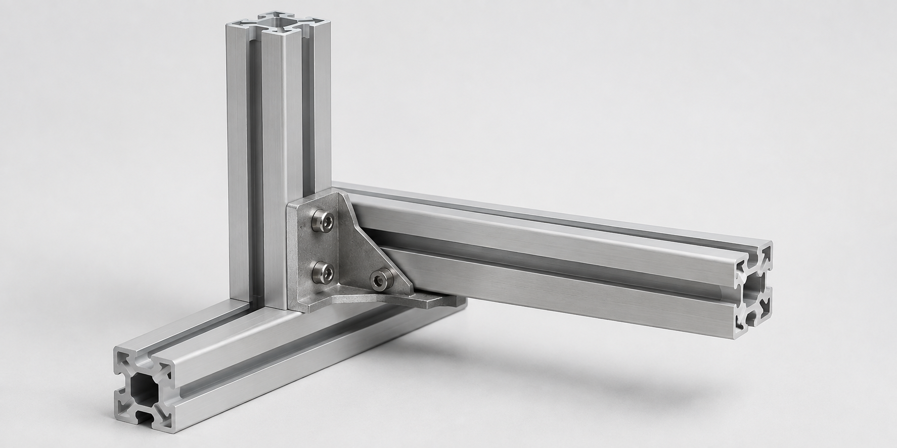 Assembled corner of Banco slotted modular aluminium framing